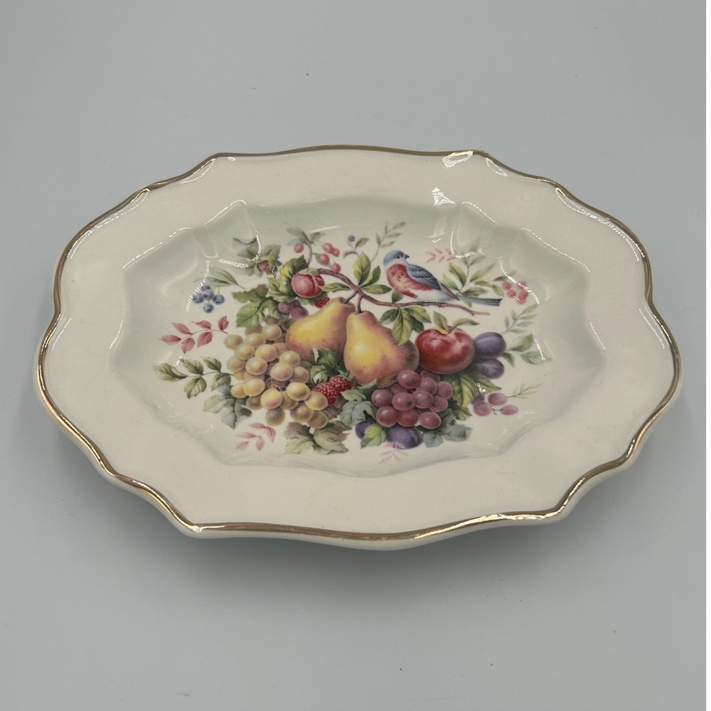 Avon 1976 Enoch Wedgwood Fruit Bird Trinket Dish 22K Gold Trim England 9‎ Inch